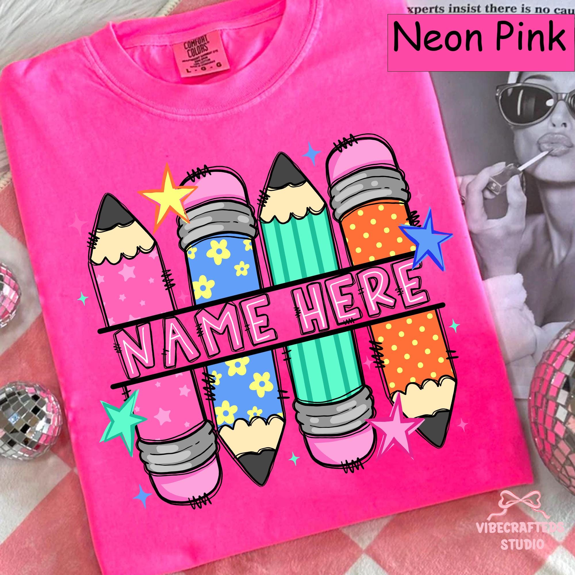 Custom Pencil Name Personalized Teacher Pencil Doodles Back School Tee Comfort Colors Teacher (1)