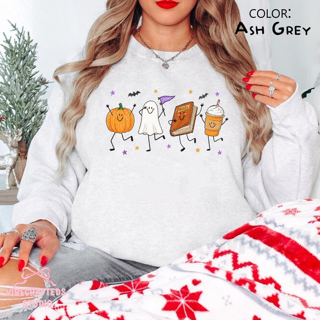 Halloween Doodles Smiling Pumpkin Ghost Book Coffee Characters Fall Reader Fall Halloween Tee (3)