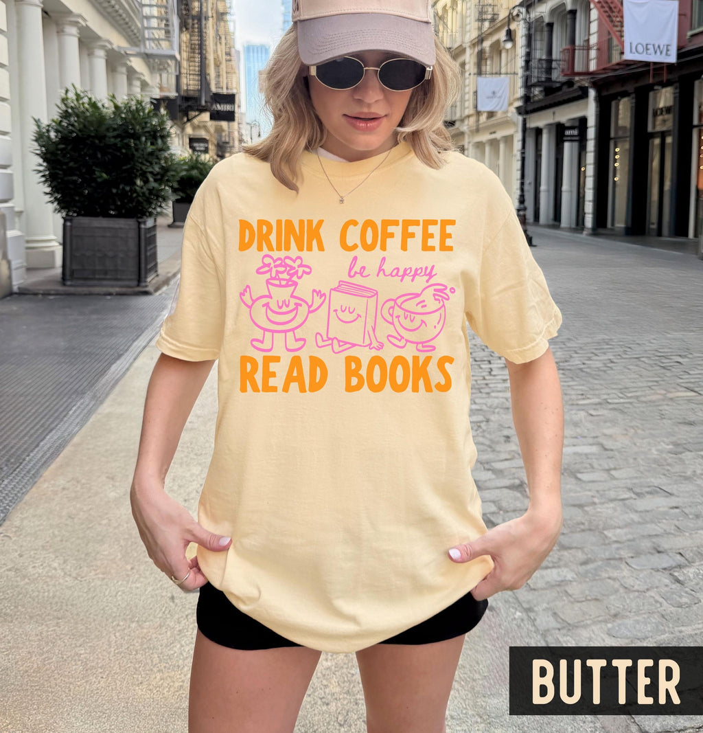 Comfort Colors Drink Coffee Read Books Happy Orange Pink Doodle Drawings Bookish Coffee Lover Tee (3)