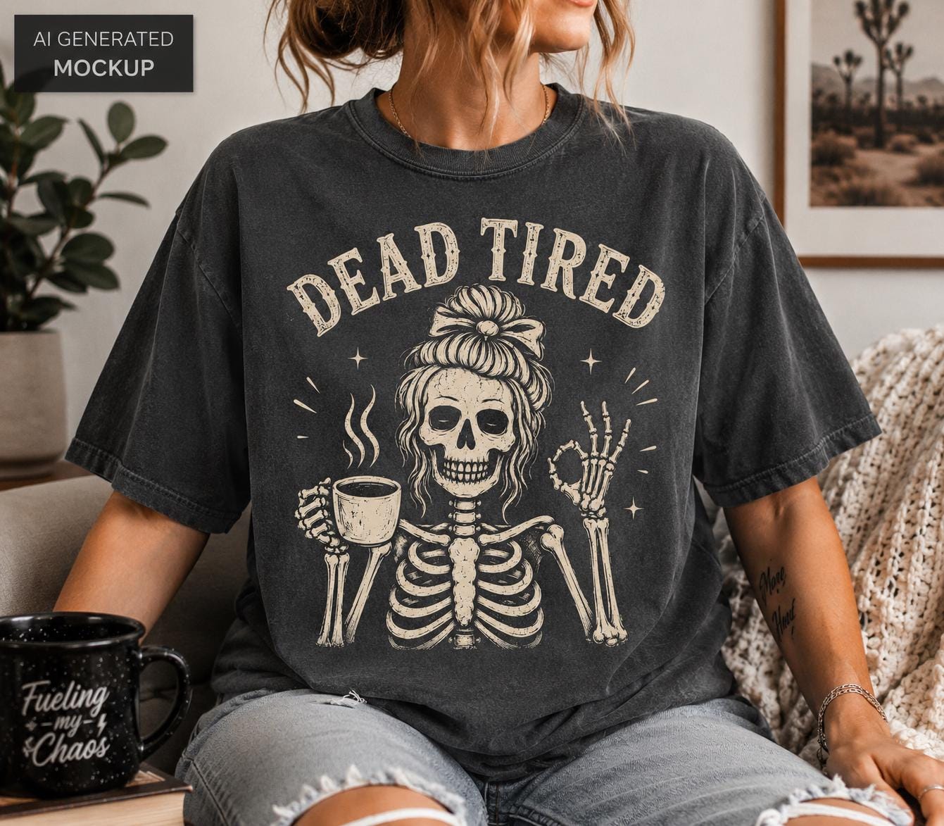 Dead Tired Skeleton Comfort Colors Sarcastic Mental Health Messy Bun Skeleton Skeleton (2)