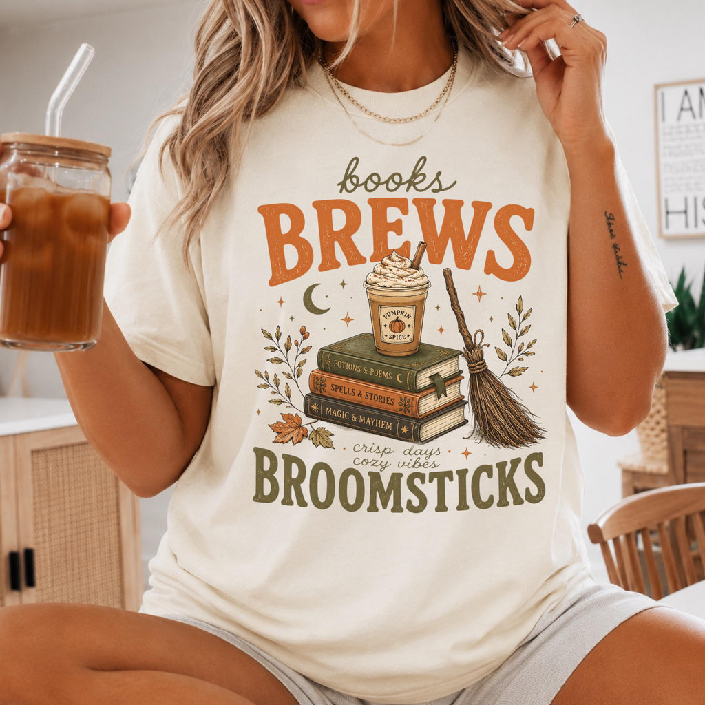 Book Lover Fall Books Coffee Broomsticks Pumpkin Coffee Tee Halloween Reading Witchy Autumn Librarian (3)