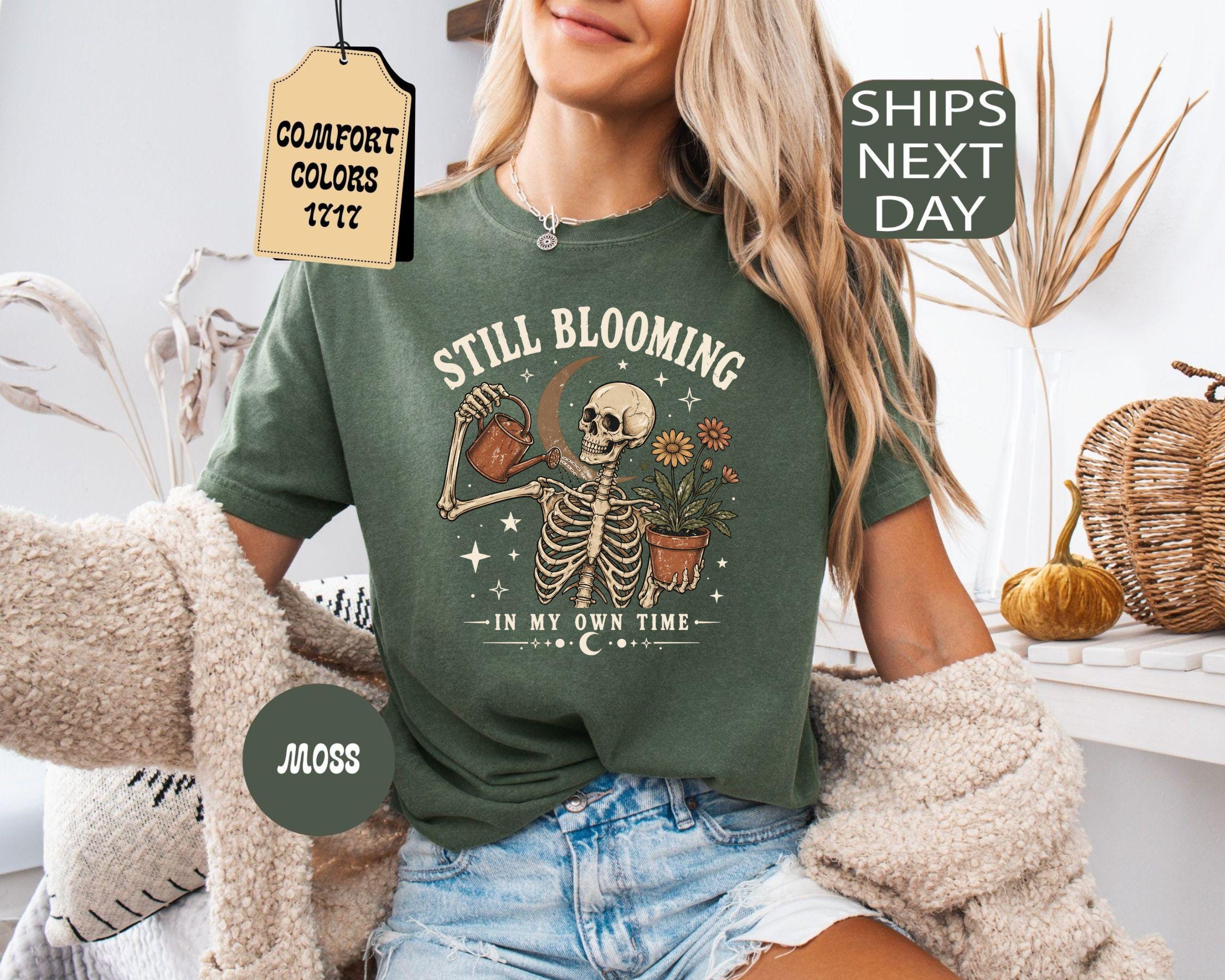 Comfort Colors Still Blooming Skeleton Halloween Mental Health Positivity Tee (2)