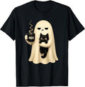 Spooky Black Cat Ghost Holding Coffee Halloween Unisex T-shirt, Sweatshirt, Hoodie (1)