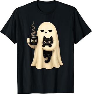 Spooky Black Cat Ghost Holding Coffee Halloween Unisex T-shirt, Sweatshirt, Hoodie (1)