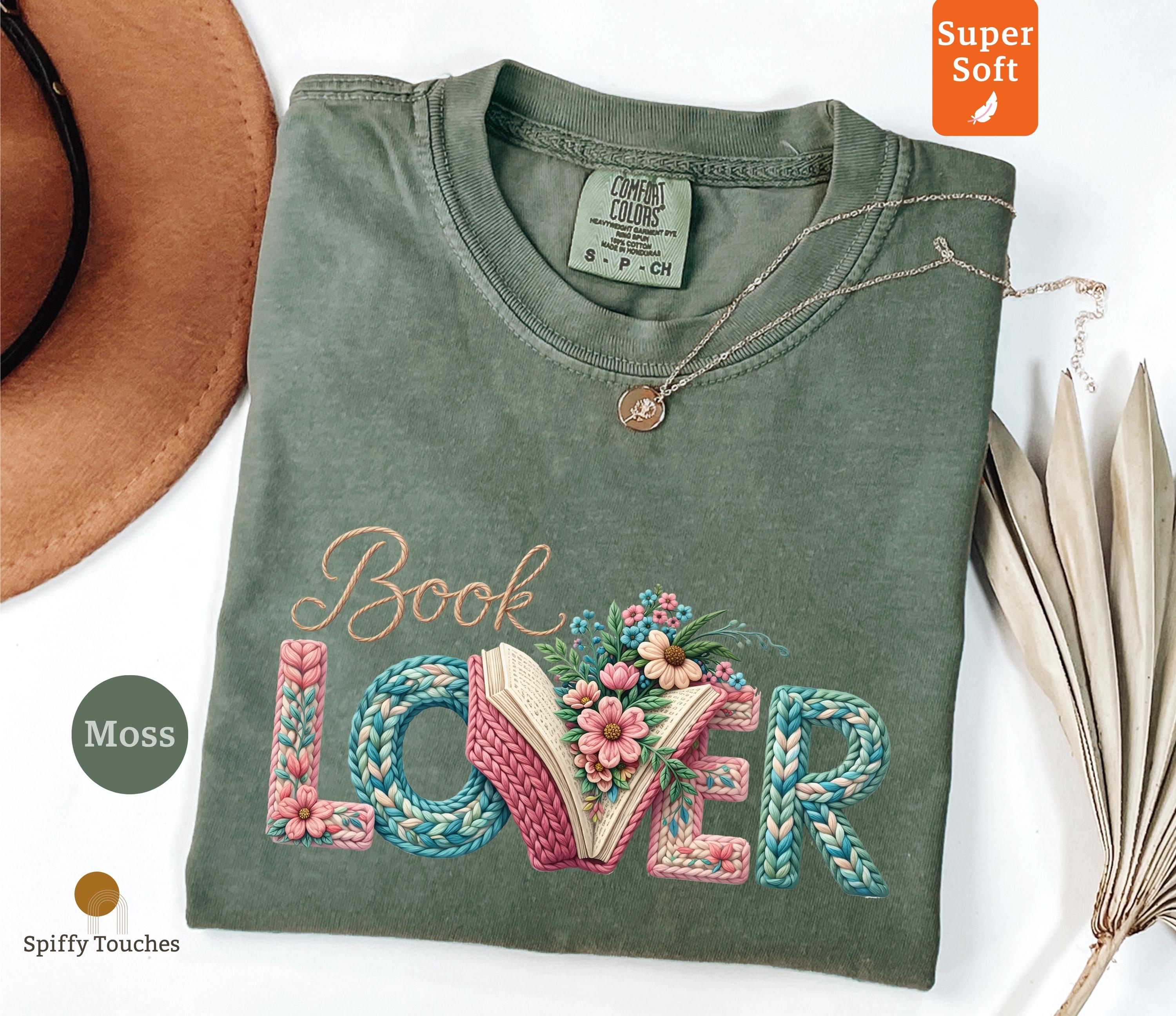Book Lover Comfort Colors Floral Bookworm Reader Knitted Letters Tee Pastel Bookish Literary (2)