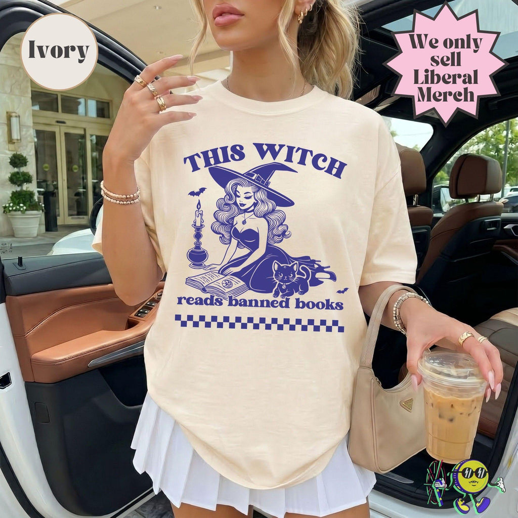 Witch Reads Banned Books Liberal Book Lover Liberal Book Club Anti Trump Halloween Vintage Witch Bookish Fall Tee (2)