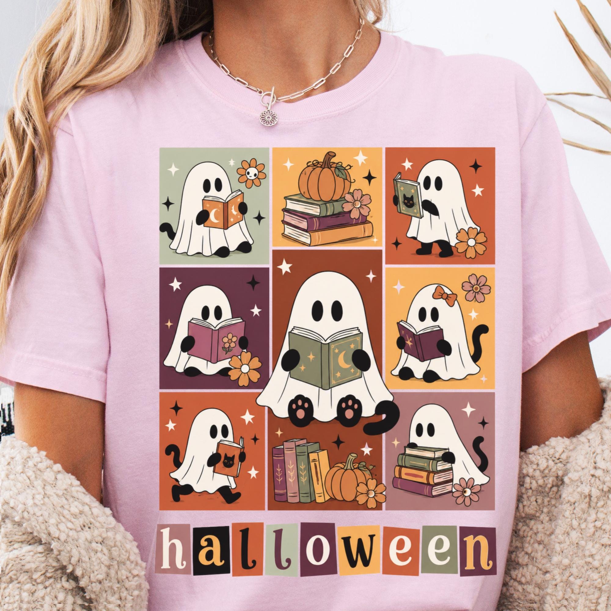 Bookish Halloween Ghost Cat Reading Tee Book Lover Halloween Librarian Teacher Fall Spooky Reader (4)