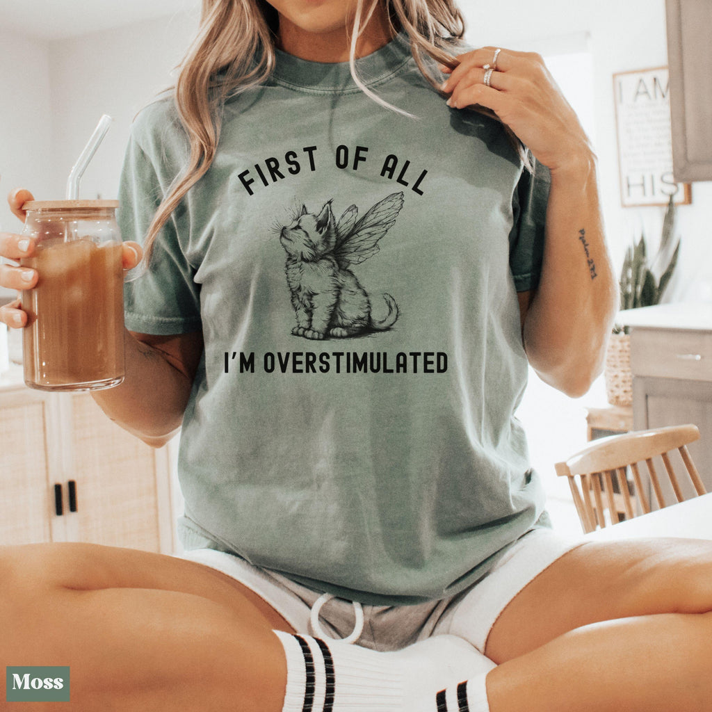 Comfort Colors First I'M Overstimulated Cat Tee Sarcastic Anxiety Mental Health (3)