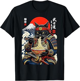 Black Cat Samurai Eats Ramen Japanese Feline Warrior Unisex T-shirt, Sweatshirt, Hoodie (1)