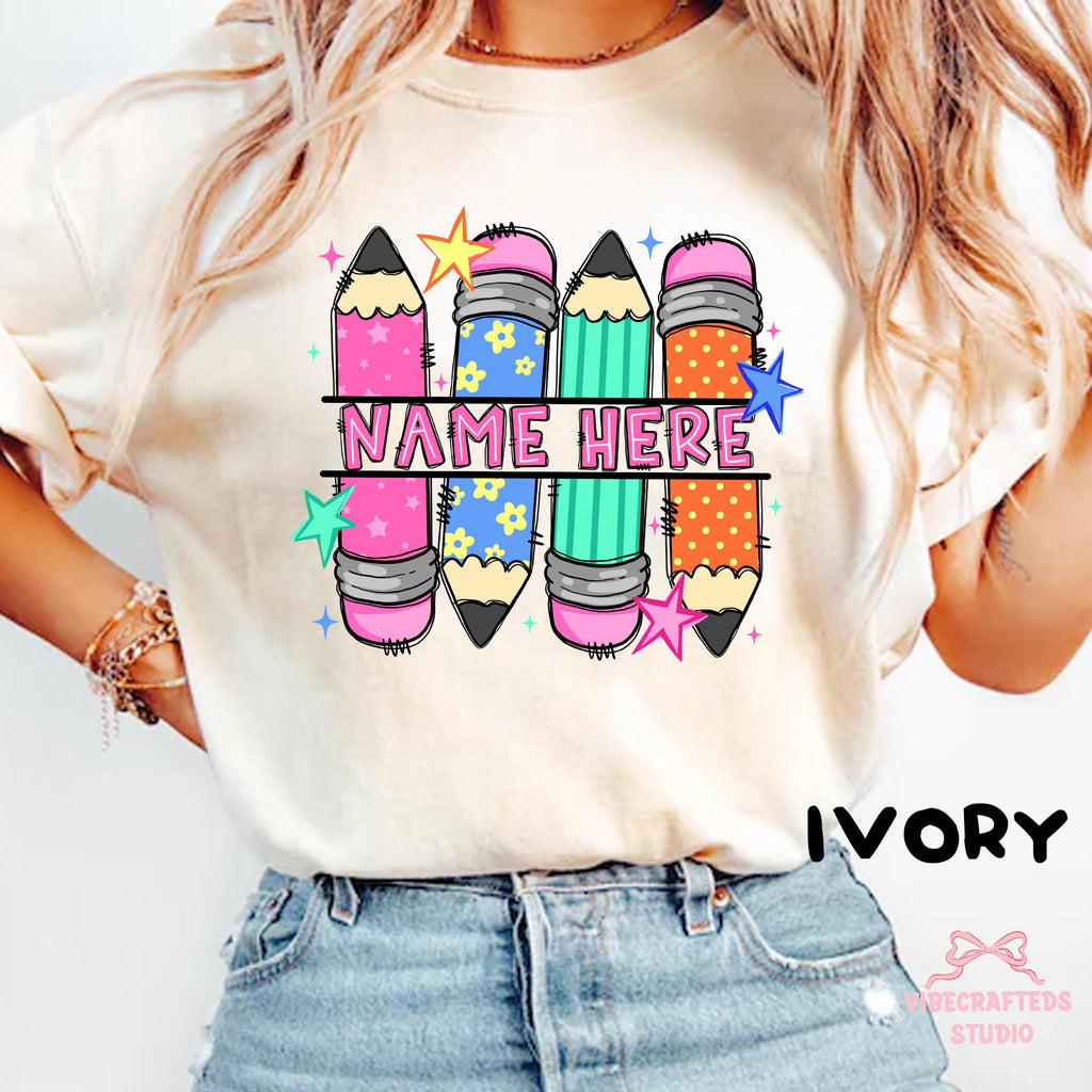 Custom Pencil Name Personalized Teacher Pencil Doodles Back School Tee Comfort Colors Teacher (3)