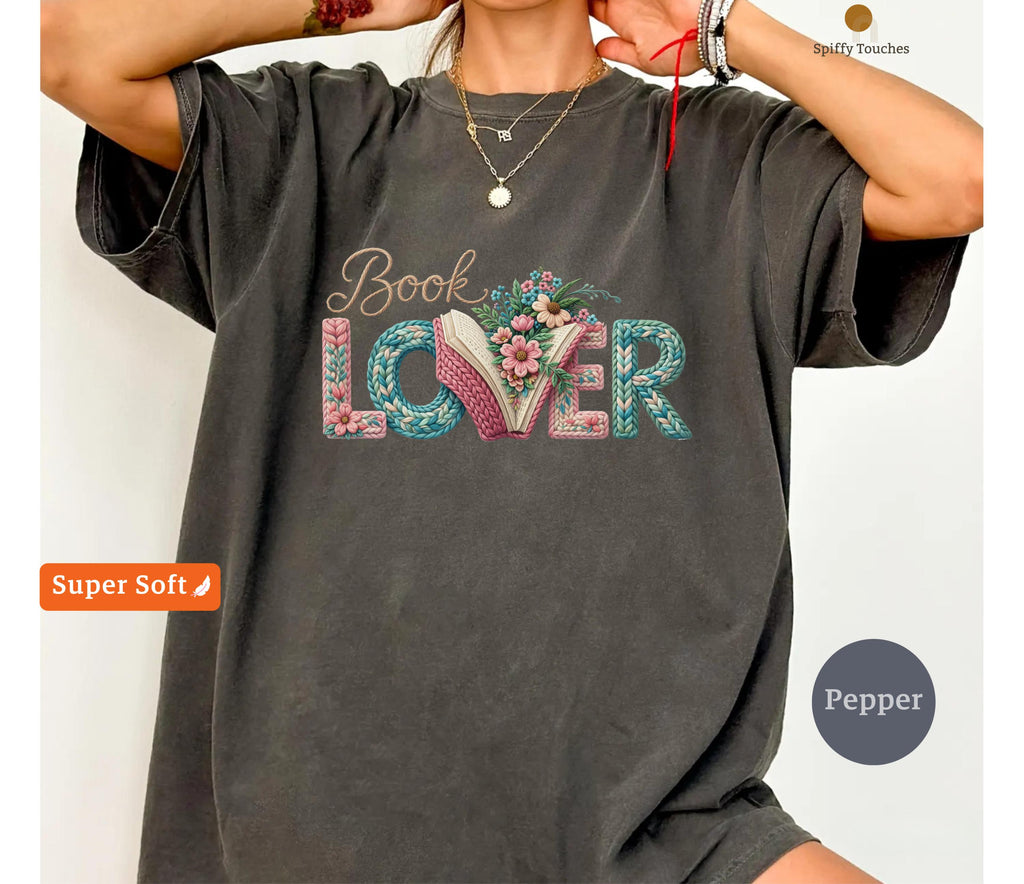Book Lover Comfort Colors Floral Bookworm Reader Knitted Letters Tee Pastel Bookish Literary (3)