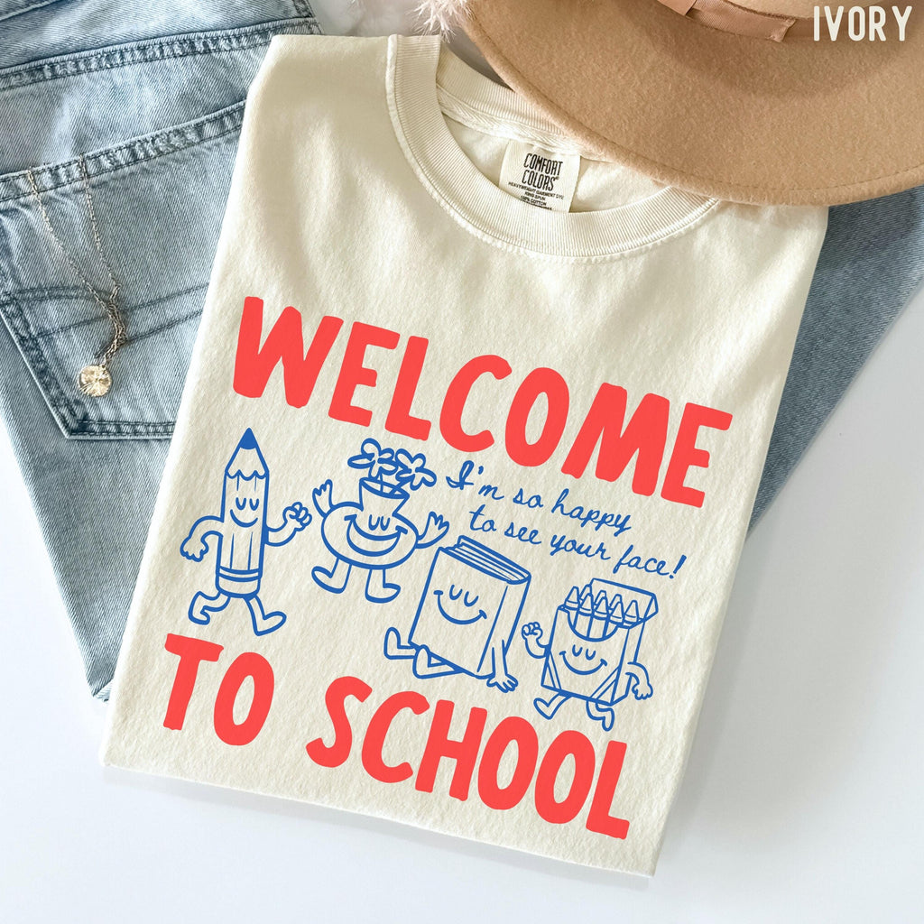 Comfort Colors Welcome School Happy See Face Retro Drawings Back School Tee (1)