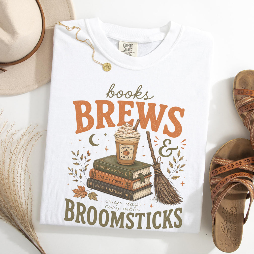 Book Lover Fall Books Coffee Broomsticks Pumpkin Coffee Tee Halloween Reading Witchy Autumn Librarian (1)