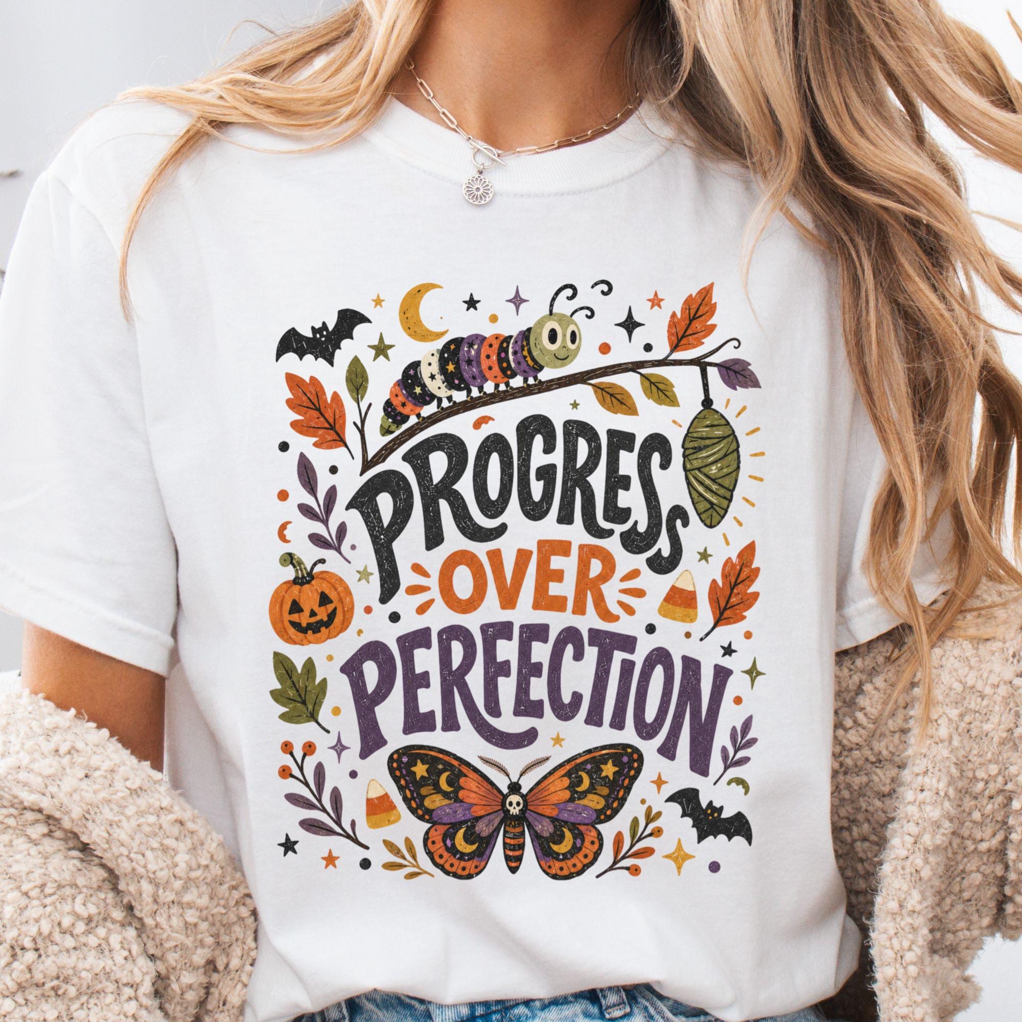 Progress Perfection Halloween Butterfly Growth Mindset Tee Teacher Counselor Teachers Counselors Students (1)