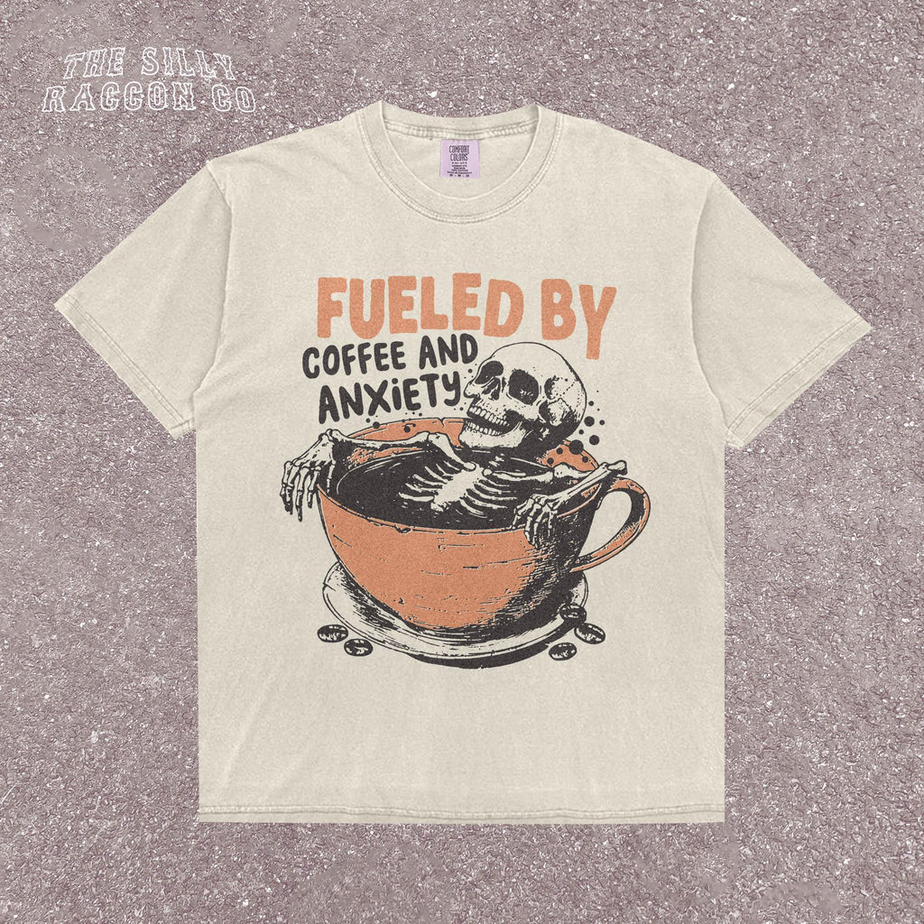 Fueled Coffee Anxiety Skeleton Coffee Tee Retro Skull Mental Health Humor Tee Vintage Skull (1)