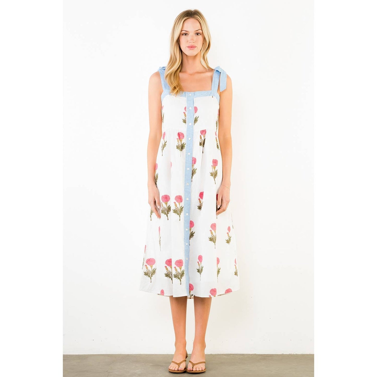 Tie Straps Floral Pattern Midi Dress