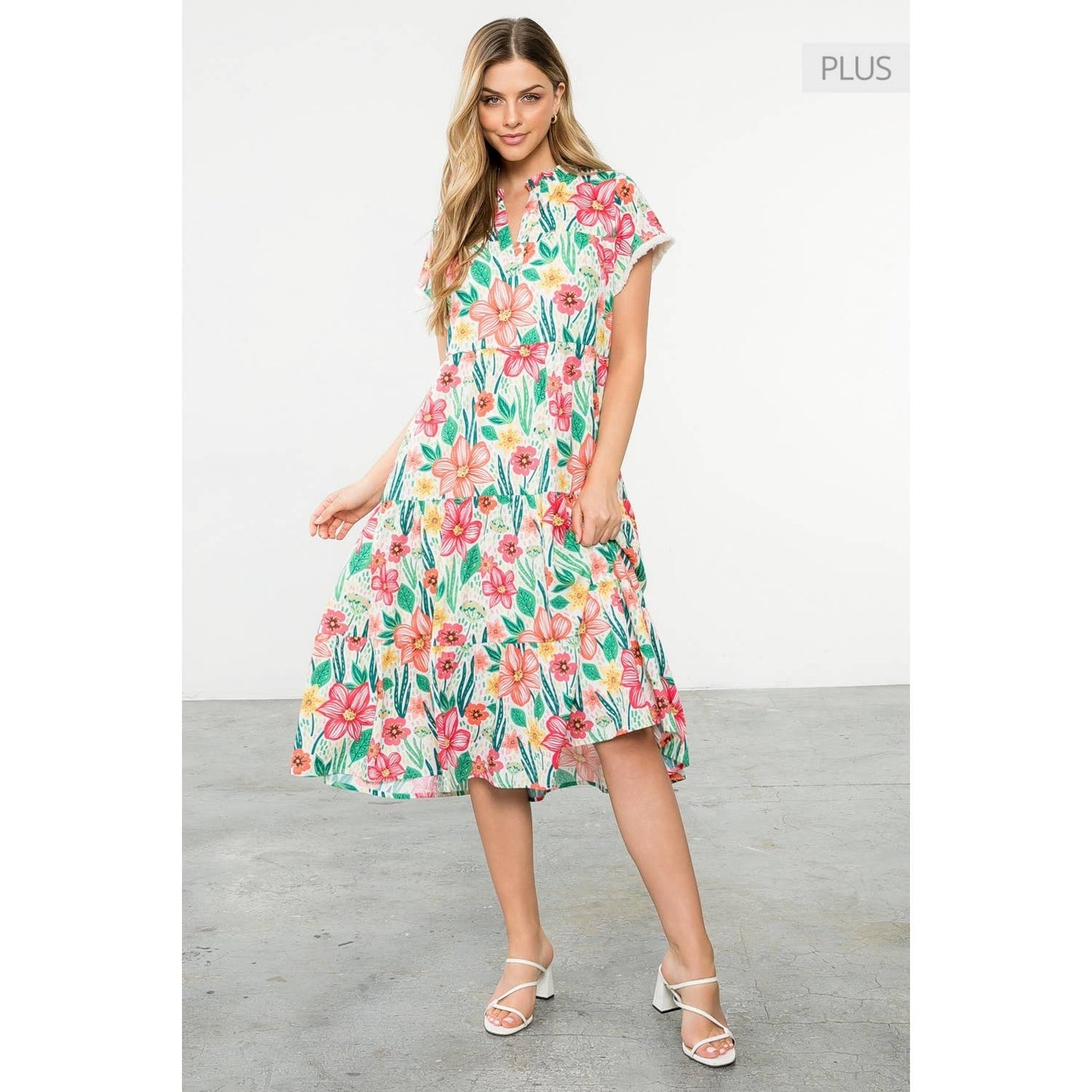 /Size Xl/ Short Sleeve Flower Print Tiered Midi Dress