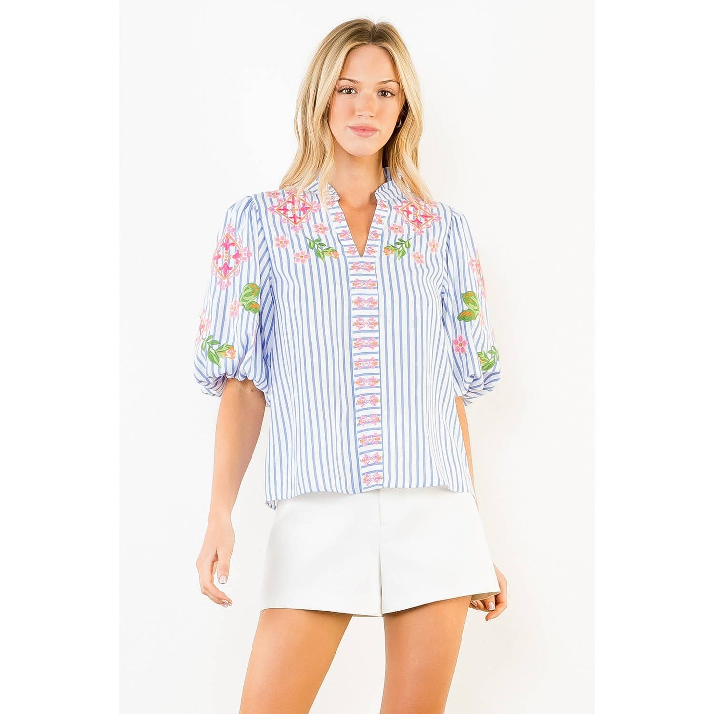 Puff Sleeves Striped Embroidery Detail V-Neck Top