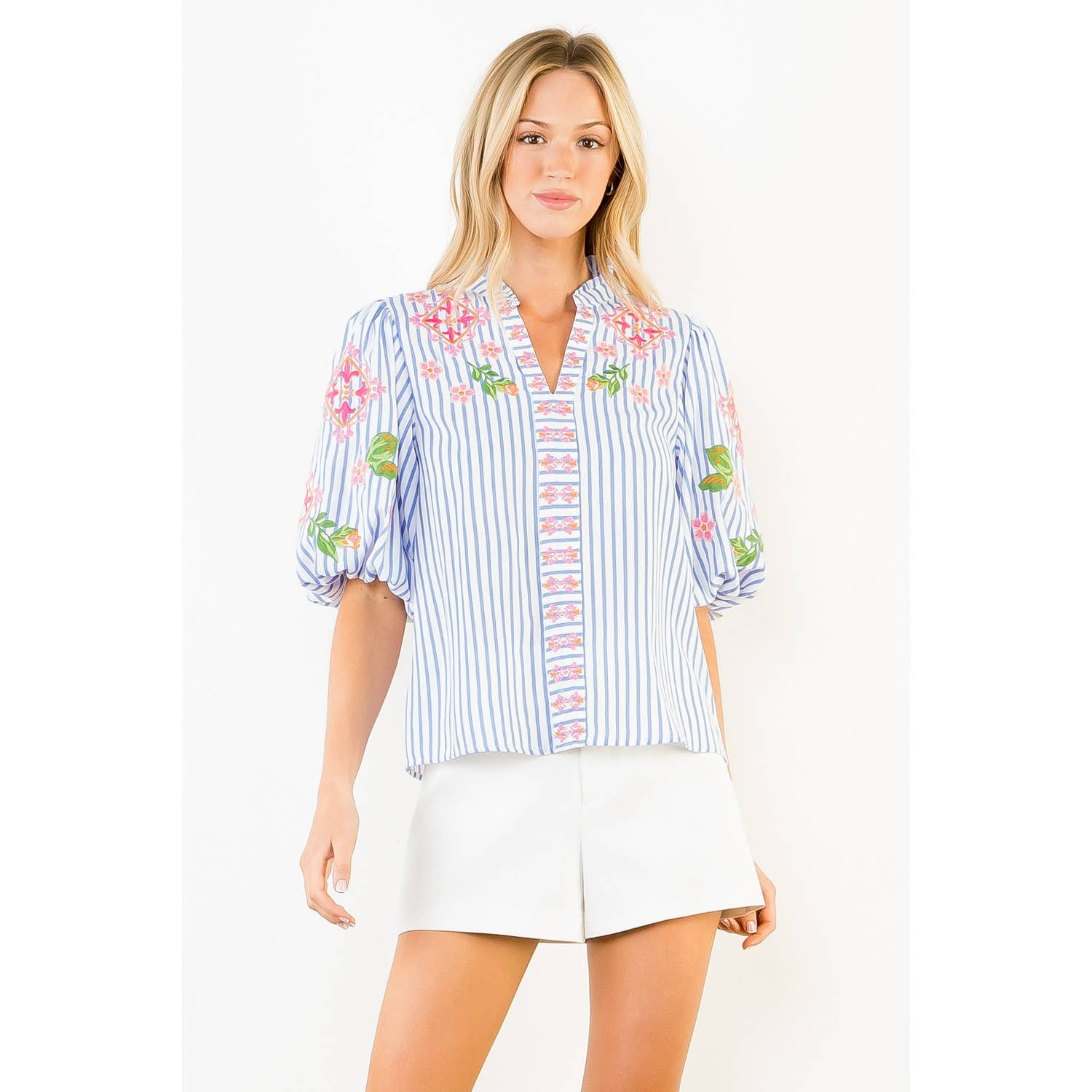 Puff Sleeves Striped Embroidery Detail V-Neck Top