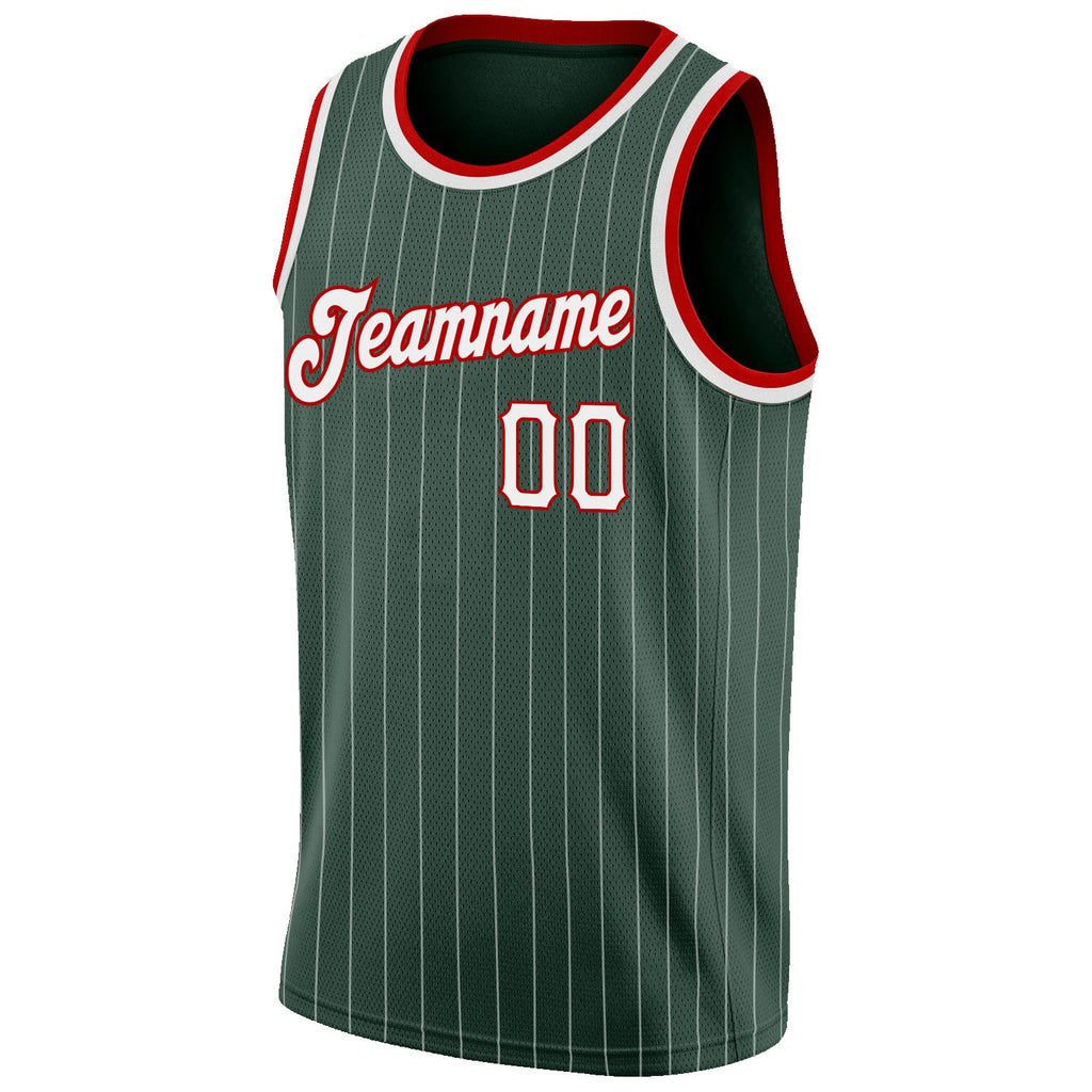 Custom Hunter Green White Pinstripe White-Red Authentic Basketball Jersey