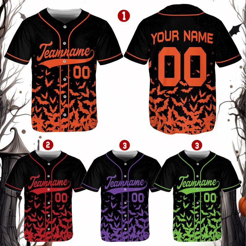 Custom Halloween Baseball Jersey with Personalized Name and Number, Spooky Flying Bats Print, Unique Costume Gift for Halloween Party