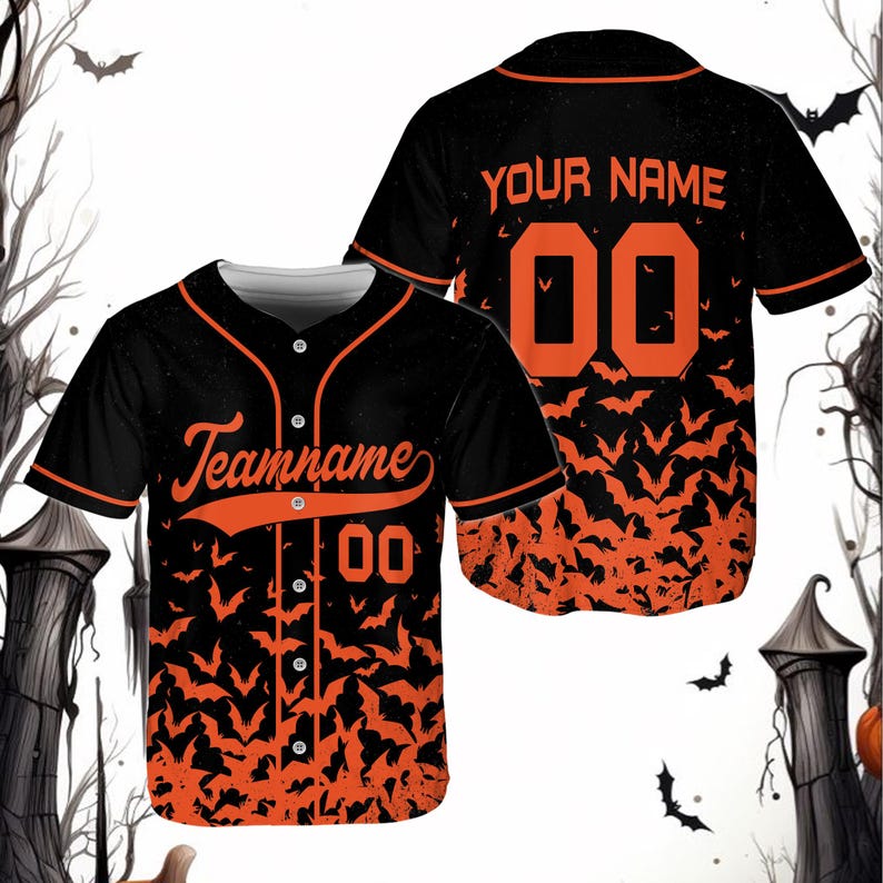 Custom Halloween Baseball Jersey with Personalized Name and Number, Spooky Flying Bats Print, Unique Costume Gift for Halloween Party