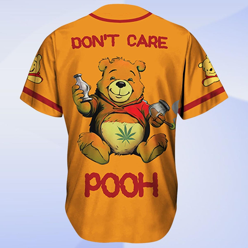 Funny Pooh Don't Care Baseball Jersey Shirt, Weed Leaf Drunk Bear Jersey, Beer Drinking Shirt Gift for Him or Her, Pooh Baseball Kids