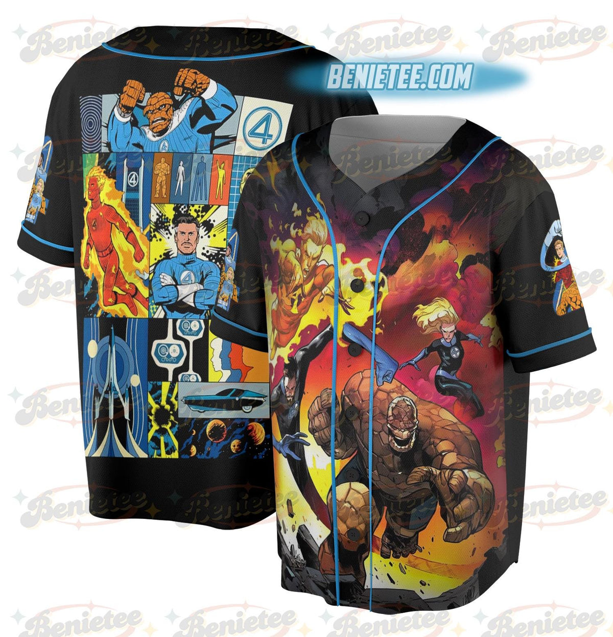 Fantastic Four Team Baseball Jersey, Pedro Friend Retro Superhero Tee