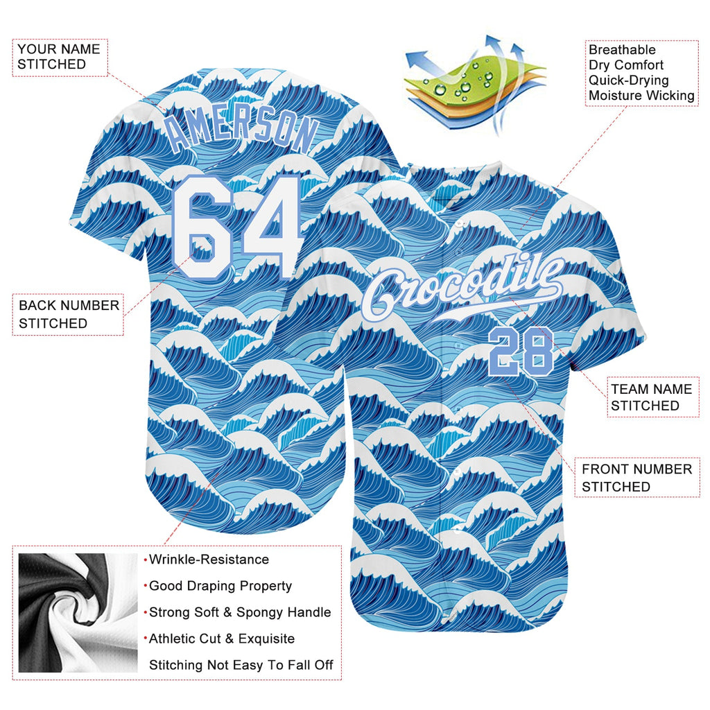 Custom Light Blue White-Light Blue 3D Pattern Design Waves Authentic Baseball Jersey