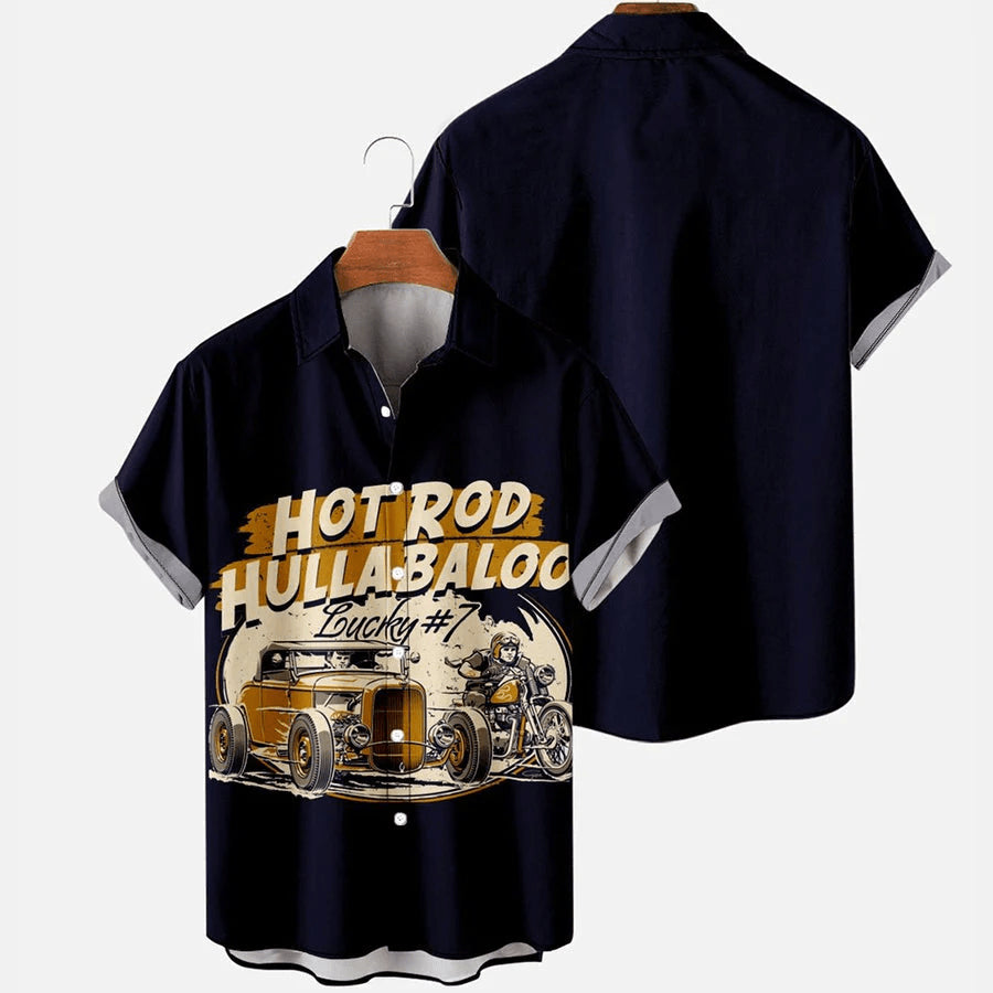 Men's Vintage Car Print Casual Short Sleeve Shirt, Trendy Hawaiian Shirt Vintage, Trendy Hawaiian Shirt For Men, Women