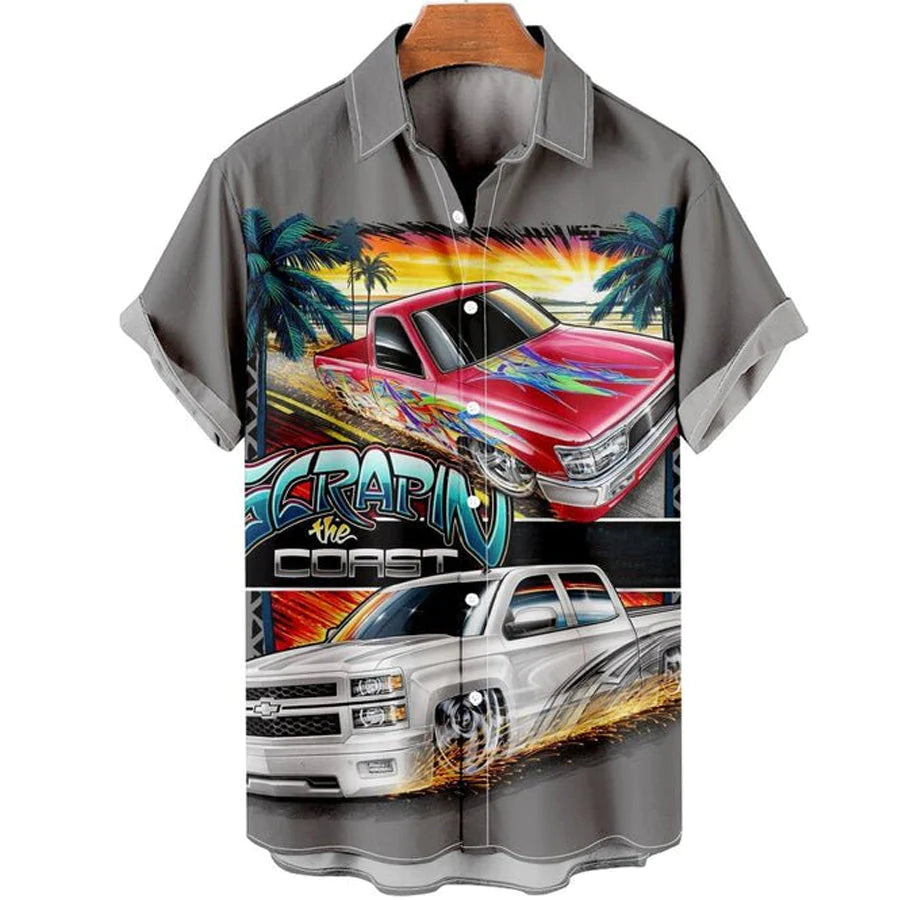 Men's Vintage Cars Print Casual Short Sleeve Trendy Hawaiian Shirts For Men, Women