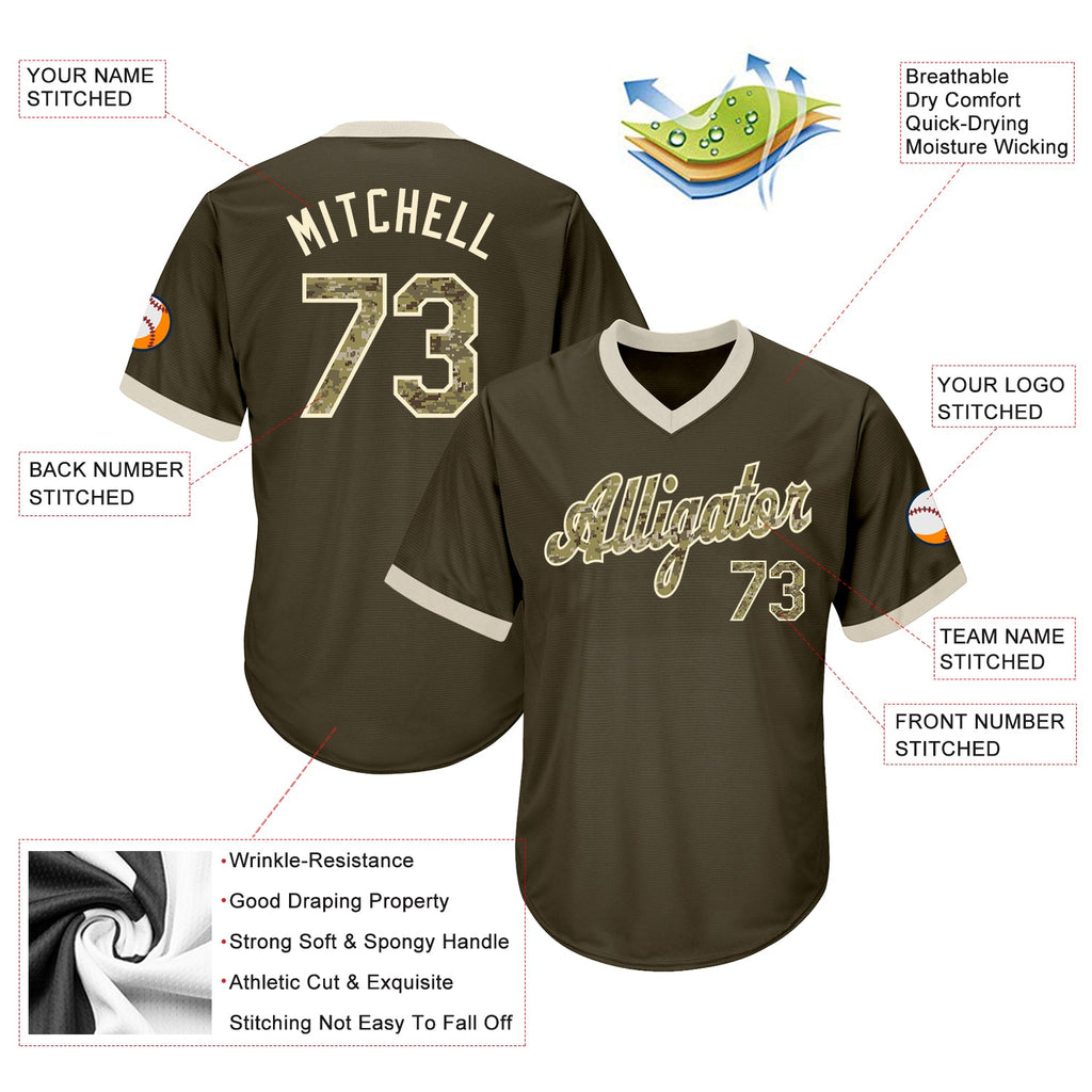 Custom Olive Camo-Cream Authentic Throwback Rib-Knit Salute To Service Baseball Jersey Shirt