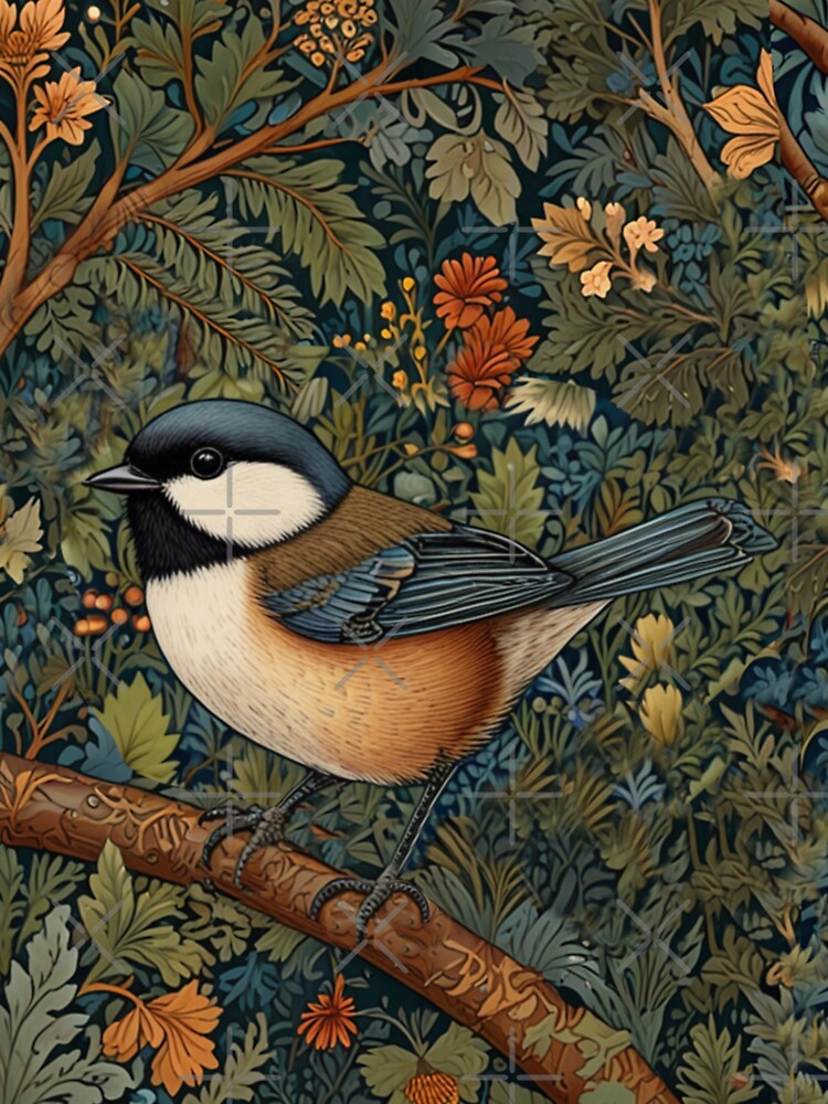 Chickadee Bird in woodland landscape art nouveau stlye by hollycooper