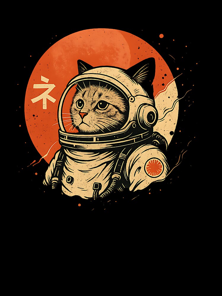 Japanese Minimalist 1950s Retro Space Cat Good Luck Kanji by cawtoon