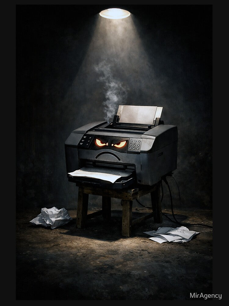 Angry Printer – Office Rage Dark Humor Art by MirAgency