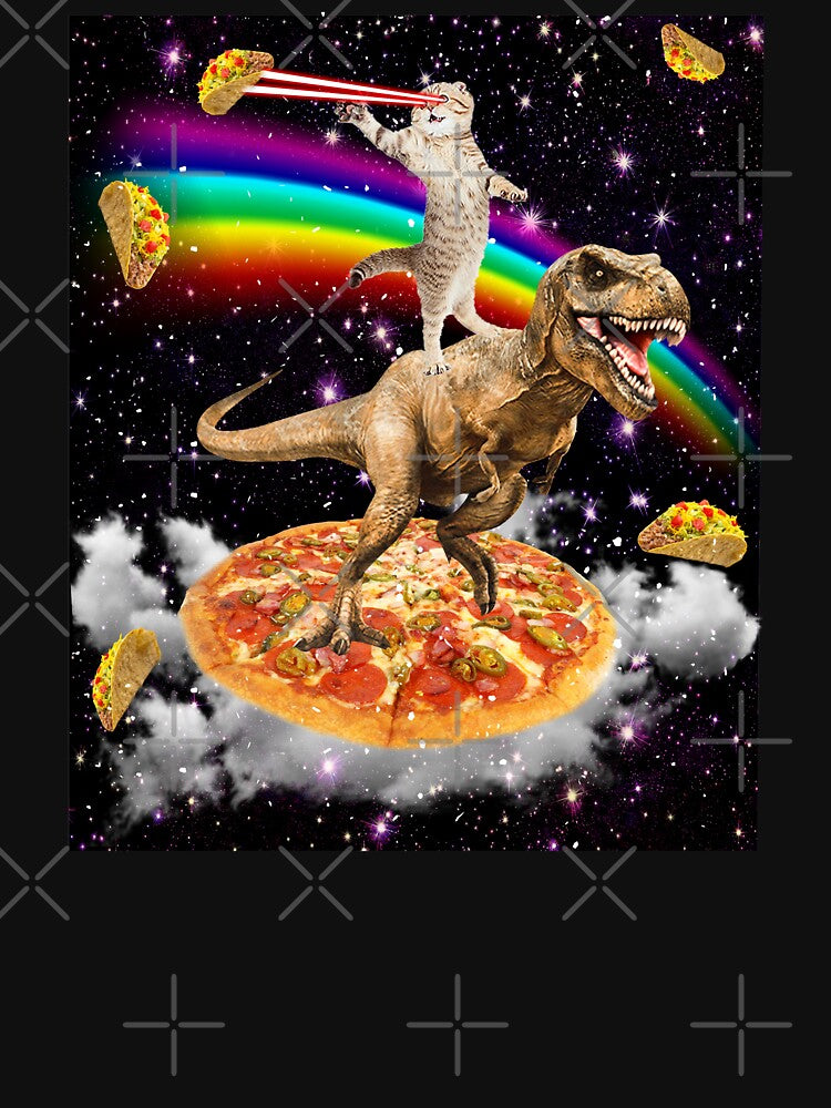 The ORIGINAL Galaxy Laser Eye Cat on Dinosaur on Pizza with Tacos & Rainbow by Mextpizza