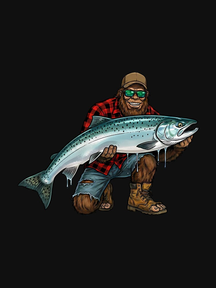 Bigfoot King Salmon Fishing Trophy Funny Sasquatch Fisherman Long Sleeve by mjohnson9