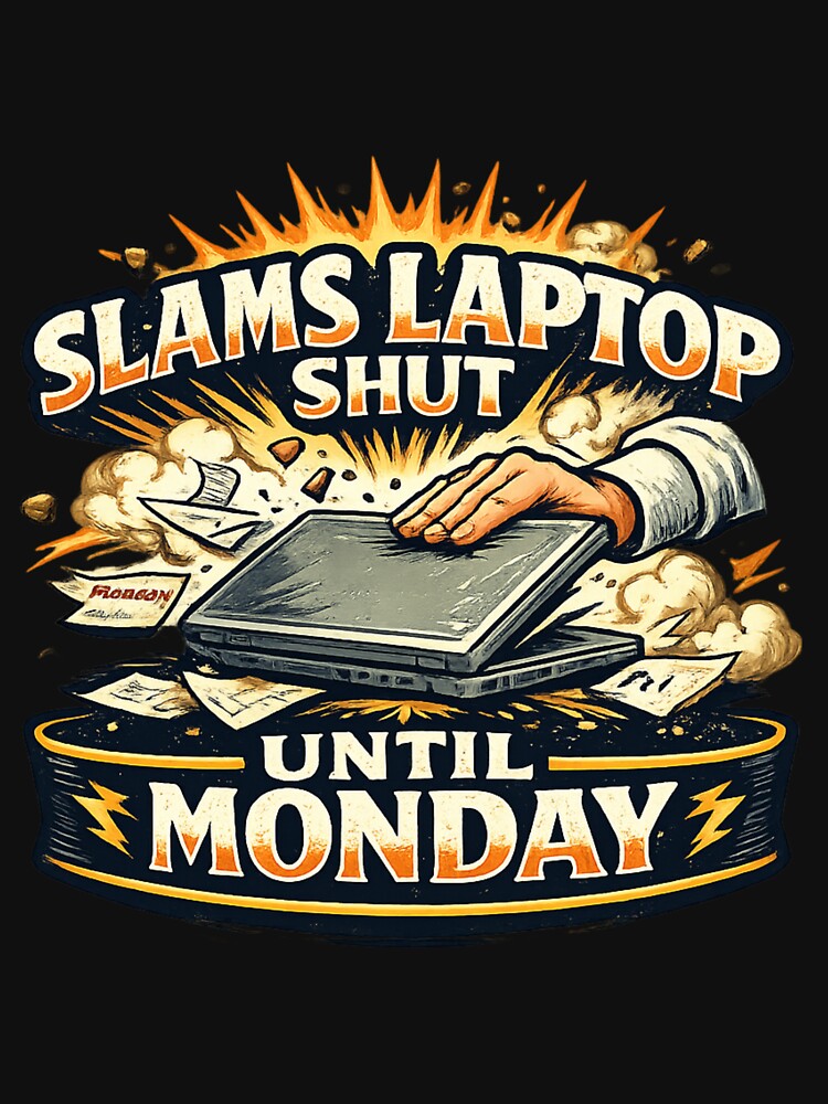 Funny "Slams Laptop Shut Until Monday" T-Shirt for Office Workers by Art Italiano