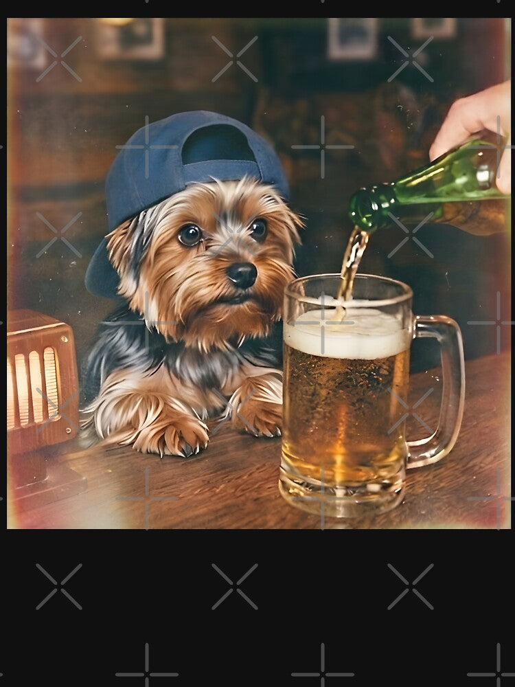 Dog drinking beer Bar Vintage Yorkie Men Women by MTRBSK11
