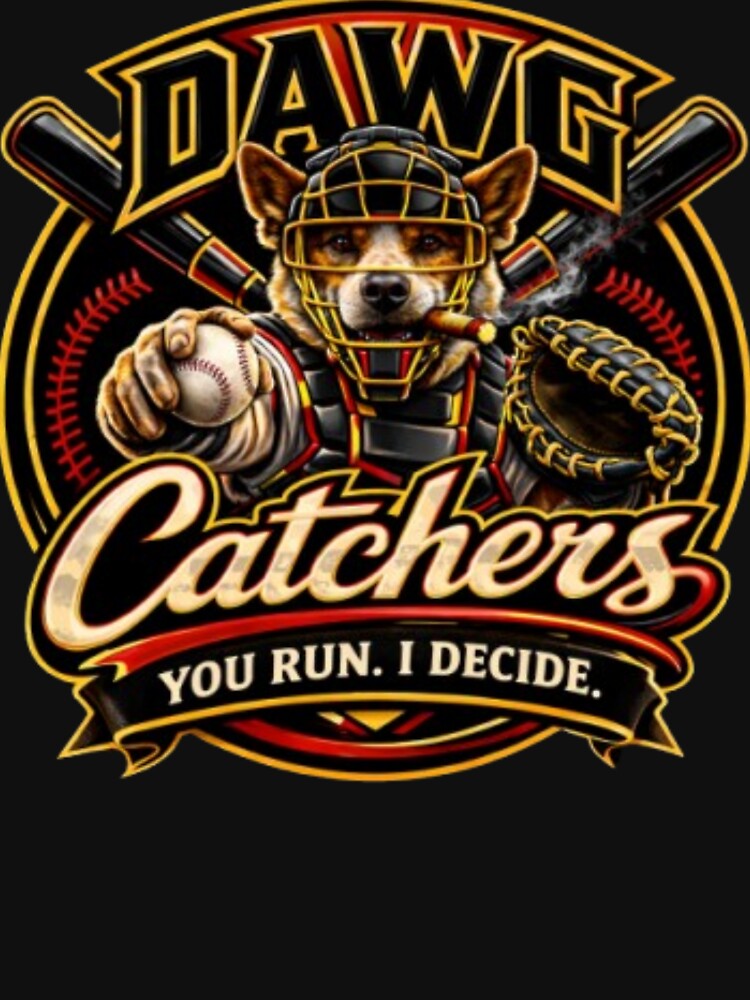 Funny Baseball Catcher Dog Shirt, Cartoon Baseball Dog, Sports Humor Gift, Dog Lover Tee by Red Cash