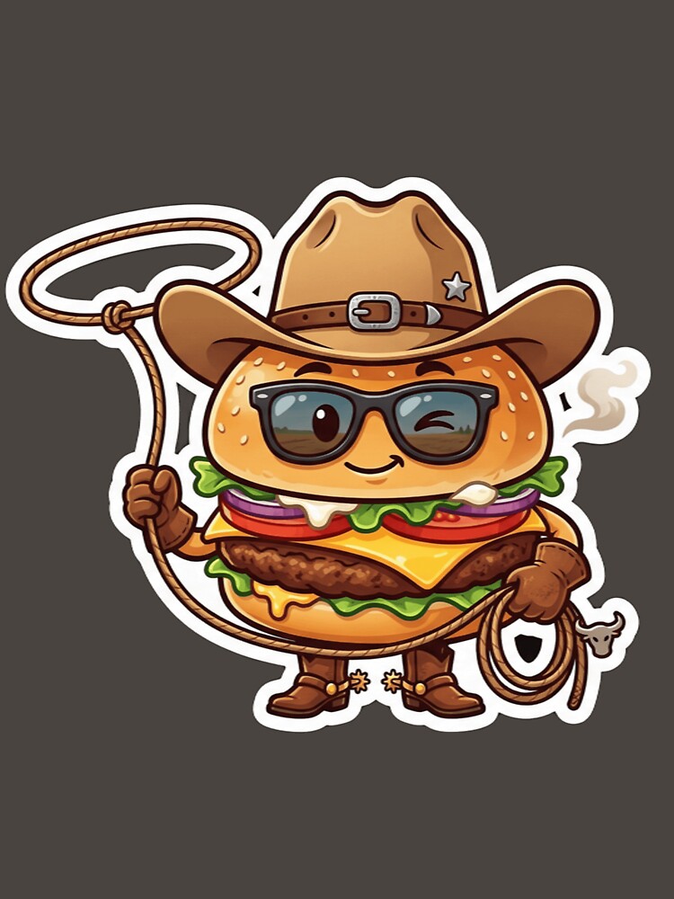 Funny Cowboy Cheeseburger Sticker - Wild West Fast Food Art by zakman02