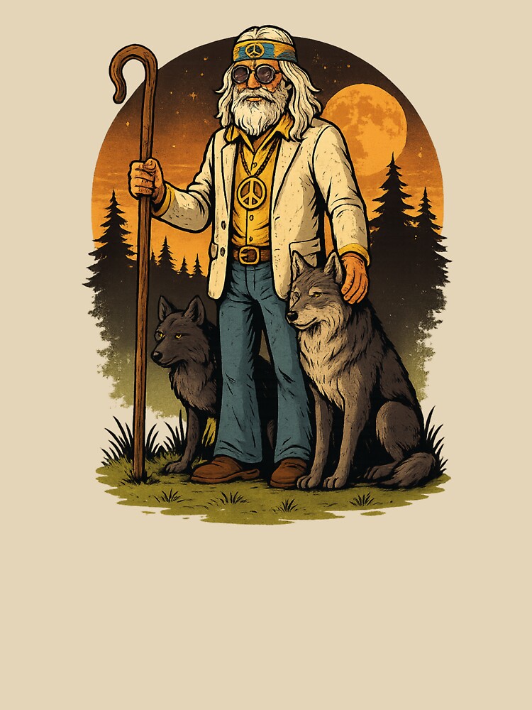 Elderly White Hippie Wolf Shepherd – Mystical Funny Retro Design by Lunaria Arts