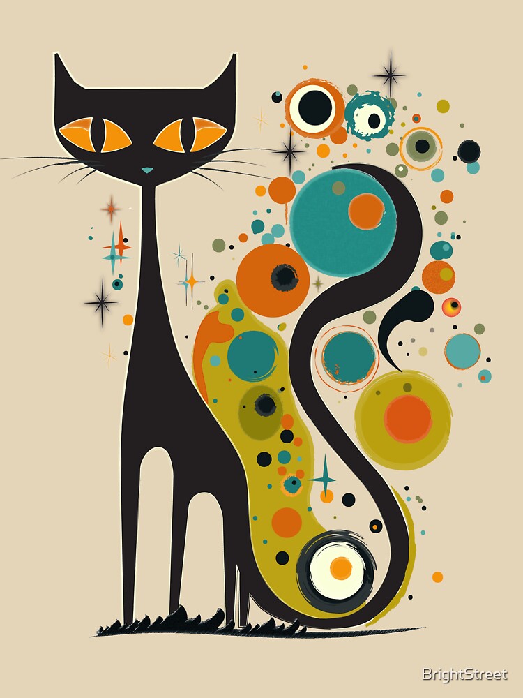 Mid Century Modern Atomic Cat, Retro Black Cat, MCM, Kandinsky Style by BrightStreet