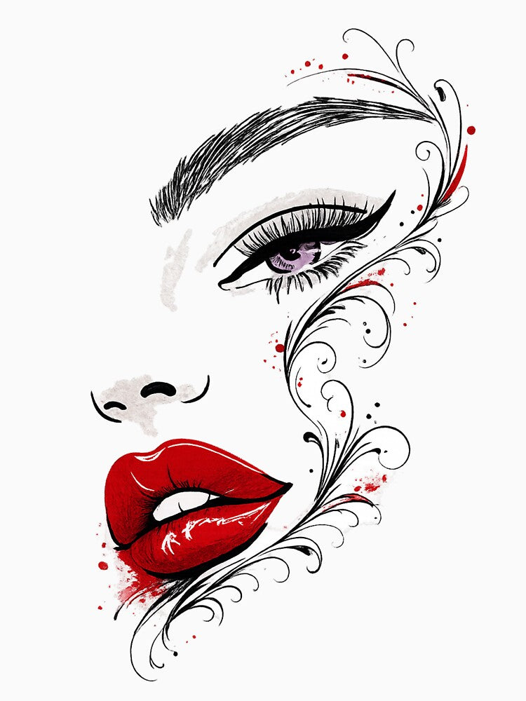 Red Lips Woman Face Line Art by Monomintstore