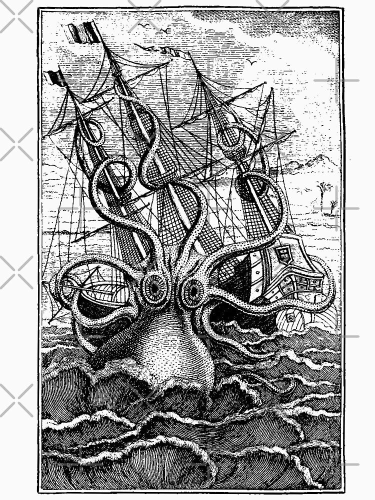 Vintage Kraken attacking ship illustration by monsterplanet