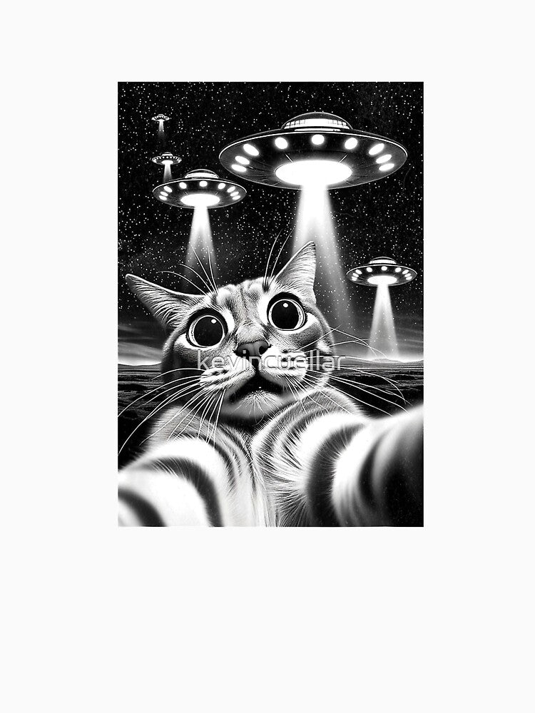 Cat UFO  Funny Invasion Meme Retro Alien Cat UFO Selfie T-Shirt by kevincuellar
