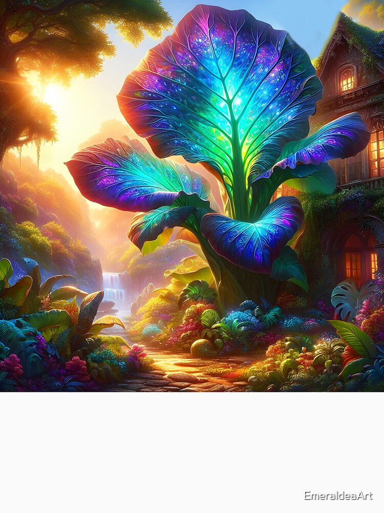 Giant Elephant Ear Plant Garden – Fantasy House Scene with Lush Tropical Foliage by EmeraldeaArt