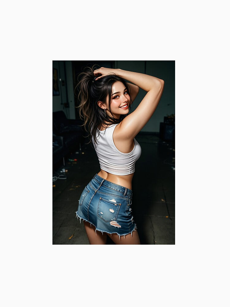 Smiling Brunette in White Top and Denim Skirt by CathryneDelamort