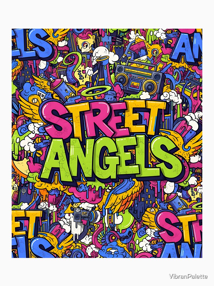 Street Angels: Vibrant Urban Graffiti Doodle Pattern with Boombox and Halo by VibranPalette