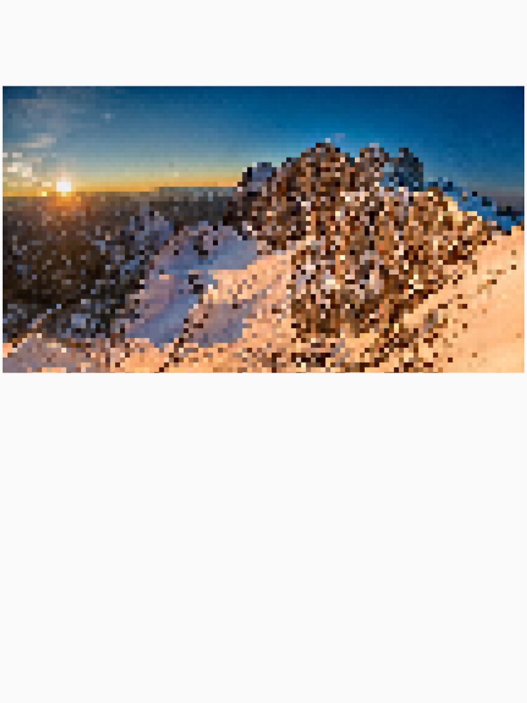 Pixelated Snowy Mountain Sunrise Scene by Potato Quality Prints
